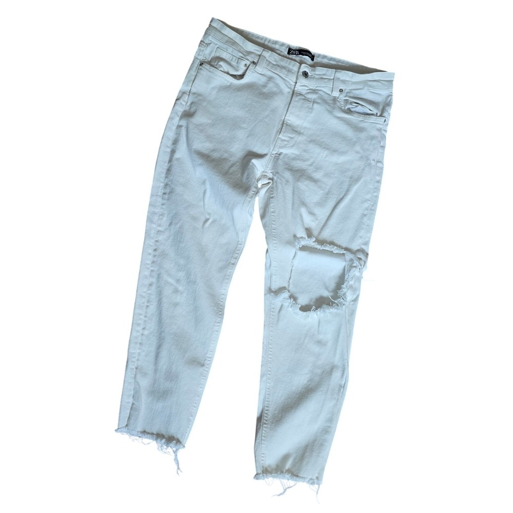 Zara Mens White Distressed Ripped Knee Jeans Raw Hem Size 36 6917/335/251/462
